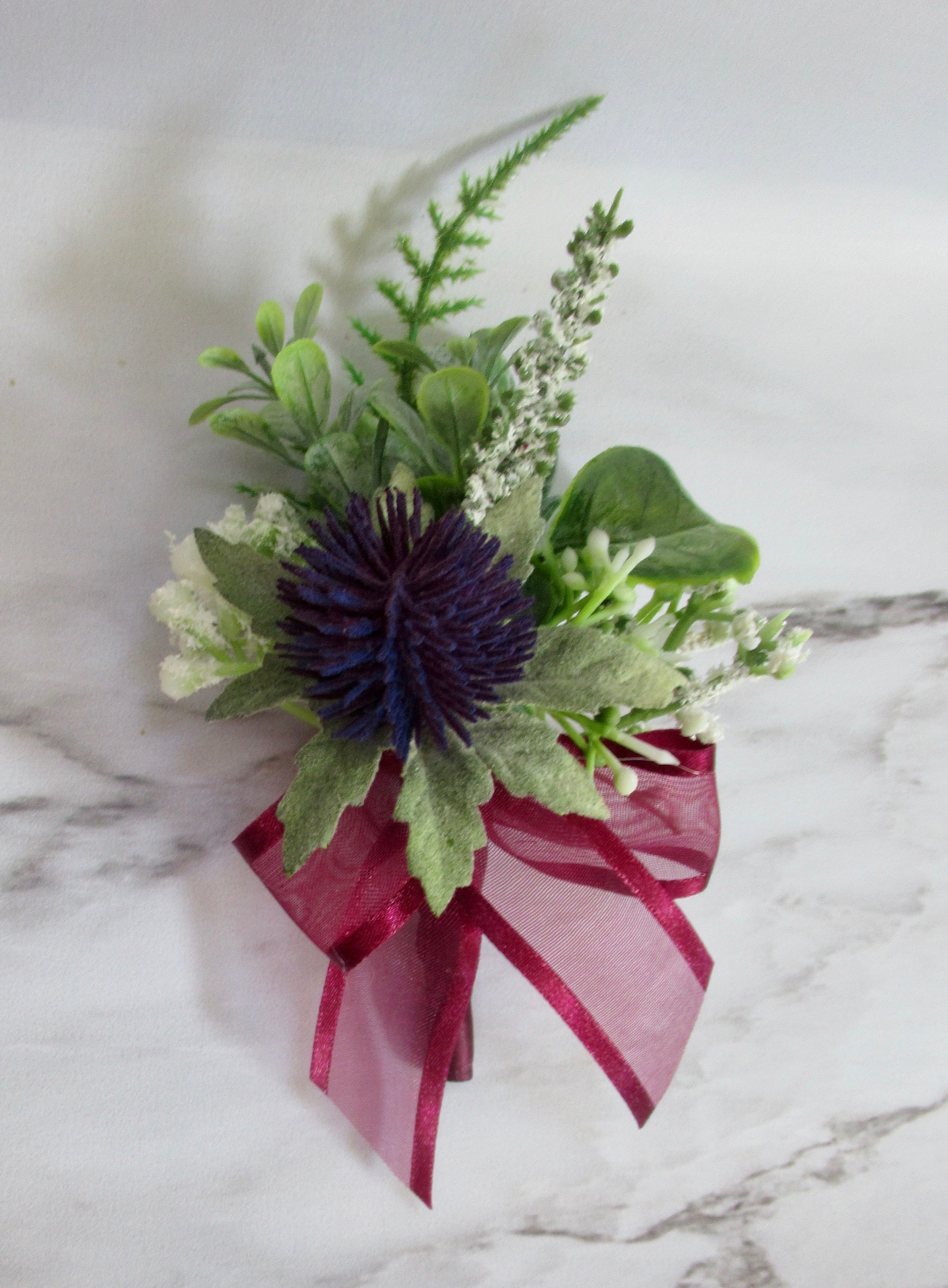 dark purple and wine thistle buttonhole, scottish wedding flowers